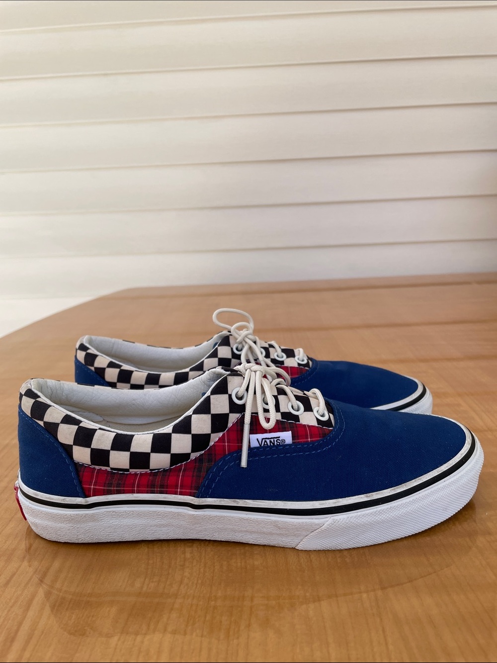 Vans Kids Blue Sneakers Black White Checker & Red Plaid Accents Size 6 Unisex